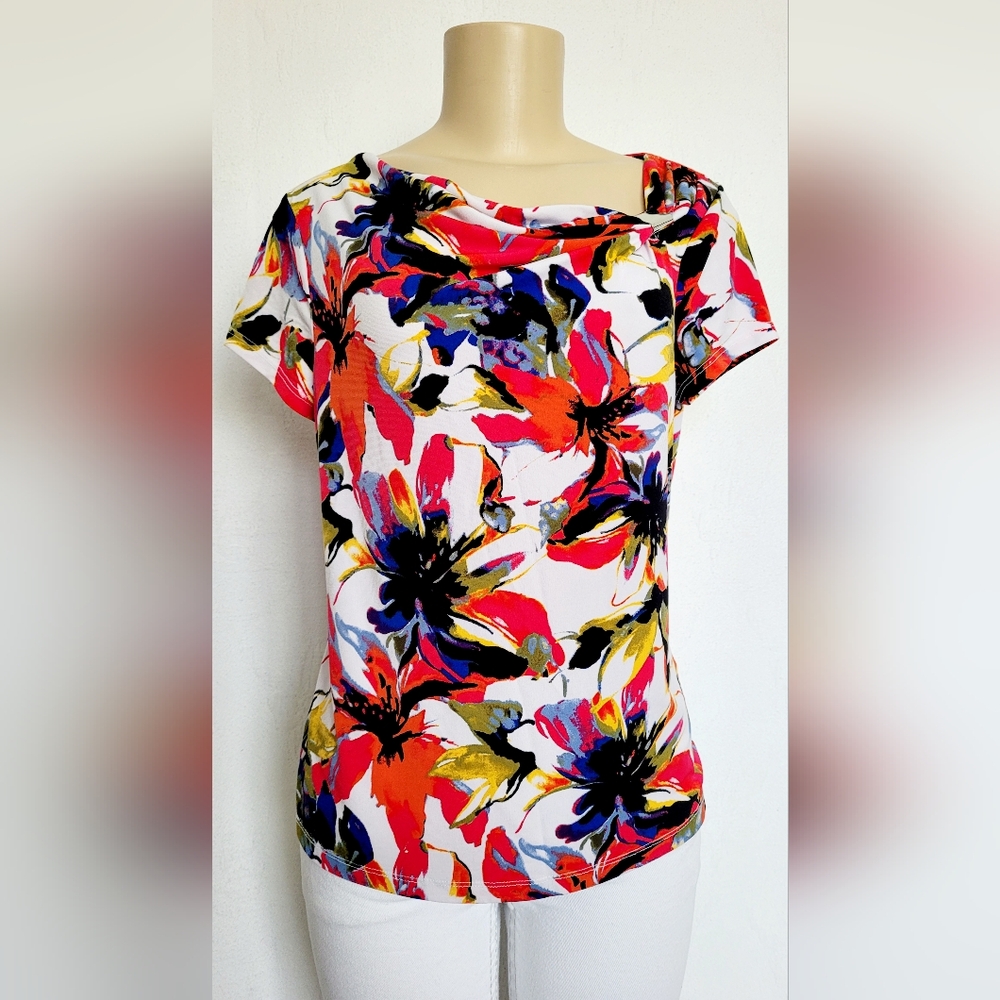 212 Collection Womens Floral Multicolor Top Blouse  Cowl Neck Silver Bar Small